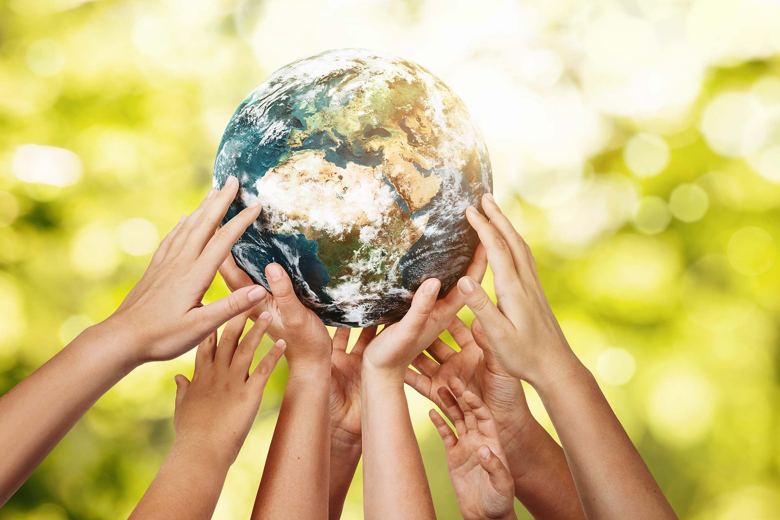Imaxe de varias mans sostendo unha bóla do mundo