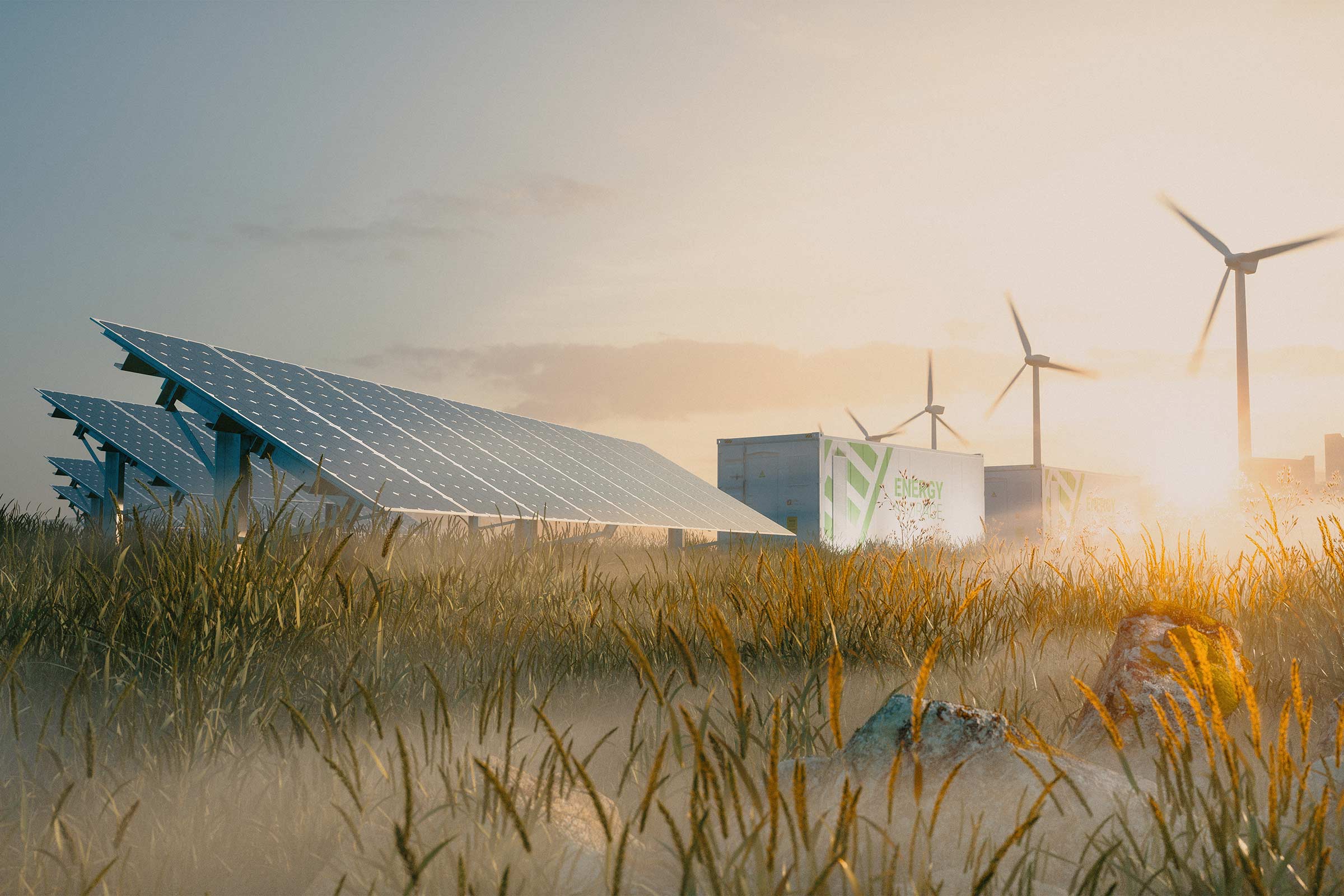 Imaxe dun parque de enerxía eólica e solar  
